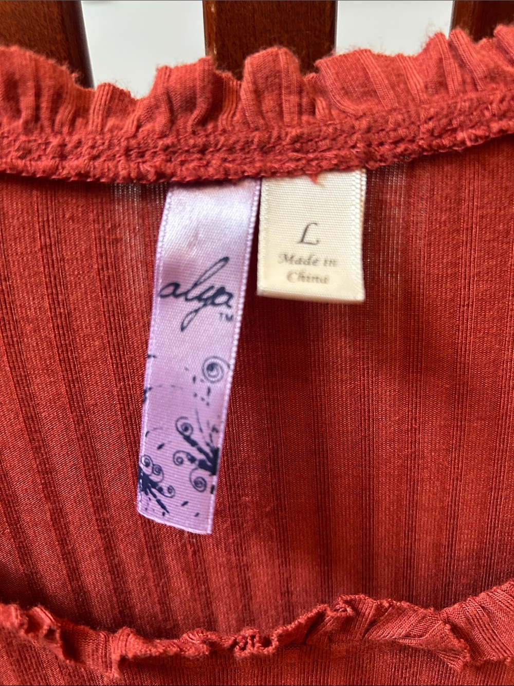 Alya Rust Red Ribbed Long-Sleeve Top with Ruffle Neck - Picture 3 of 10